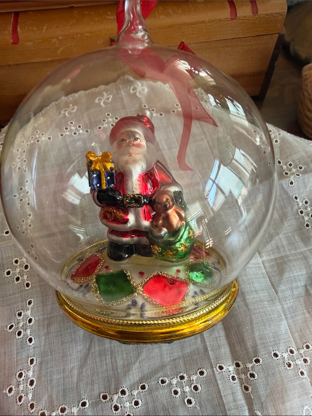 Glass Santa Ornament Globe with Red & Green Accents